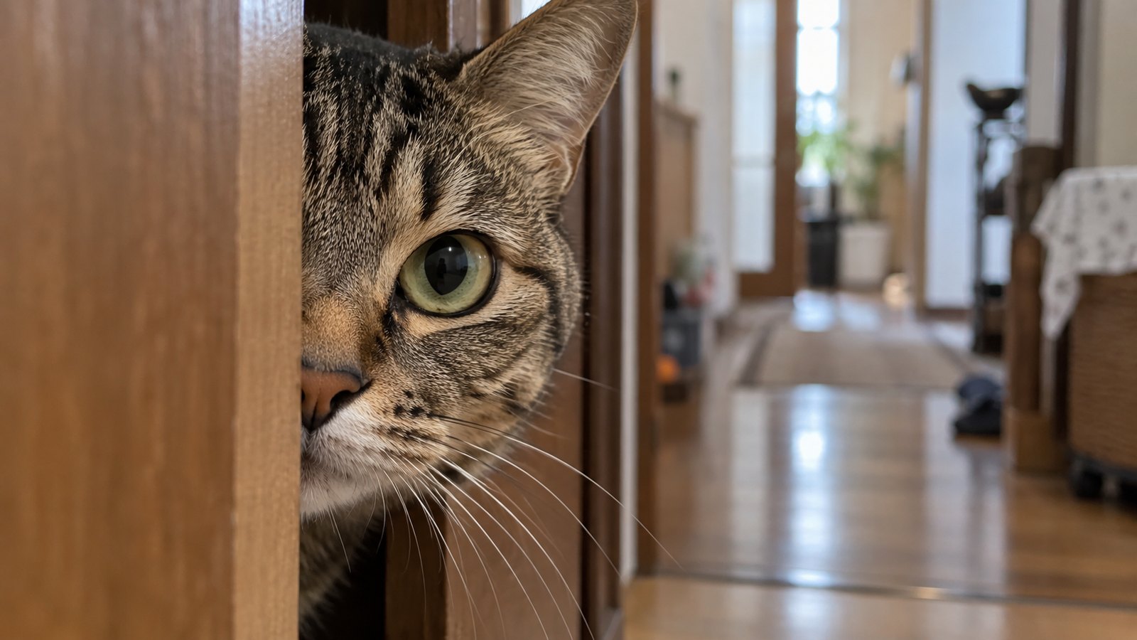 ドアのすき間から顔を半分だけ出して、こちらを見ているキジトラ猫