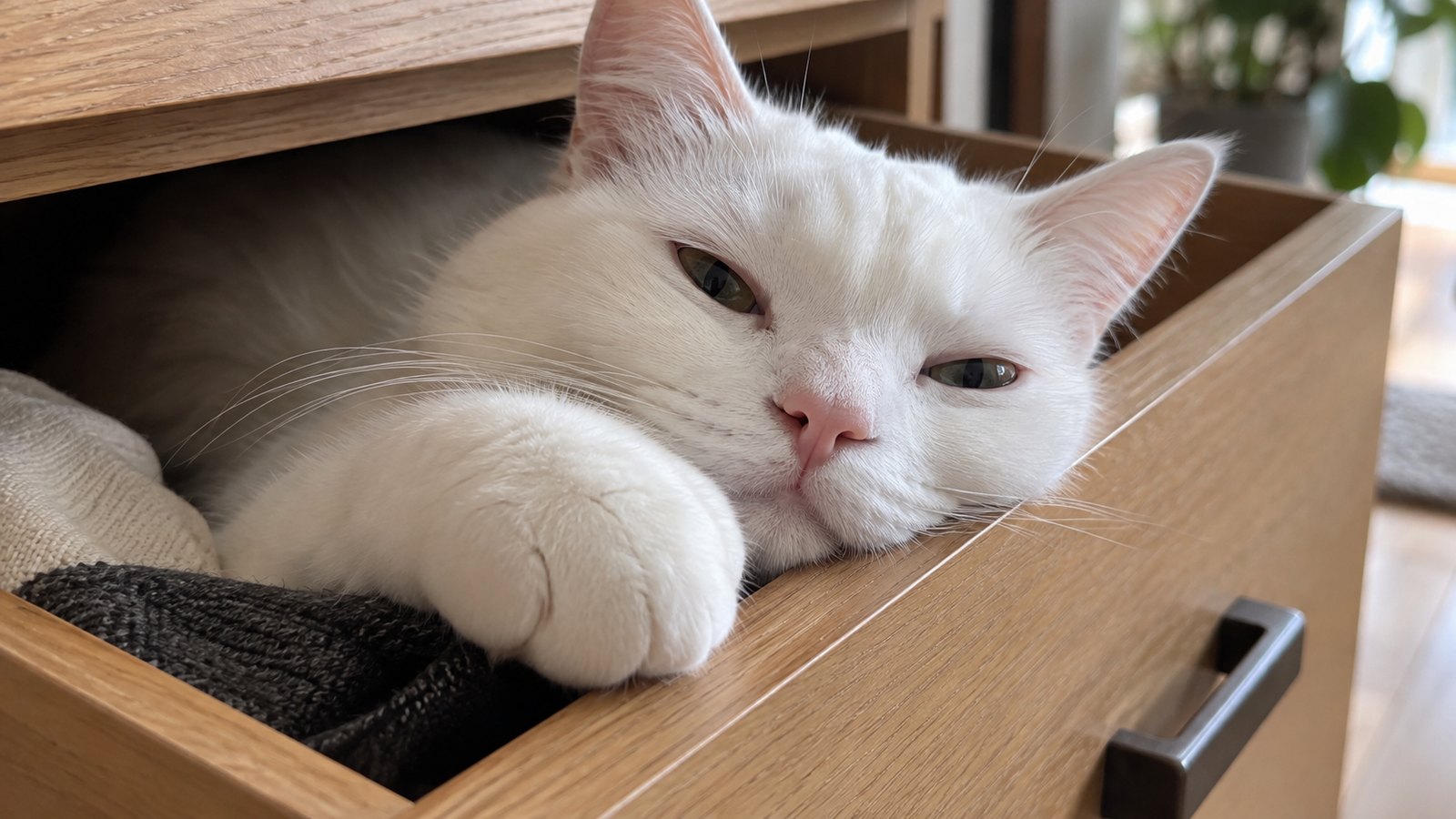 半分開いた引き出しの中に収まり、ふちに顎と前足をのせて眠そうにしている白い猫