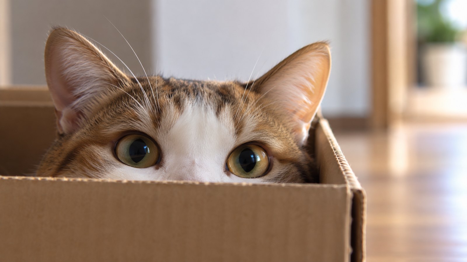 宅配用の段ボール箱のふちから、目と耳だけを出してこちらを見ている茶白のブチ猫