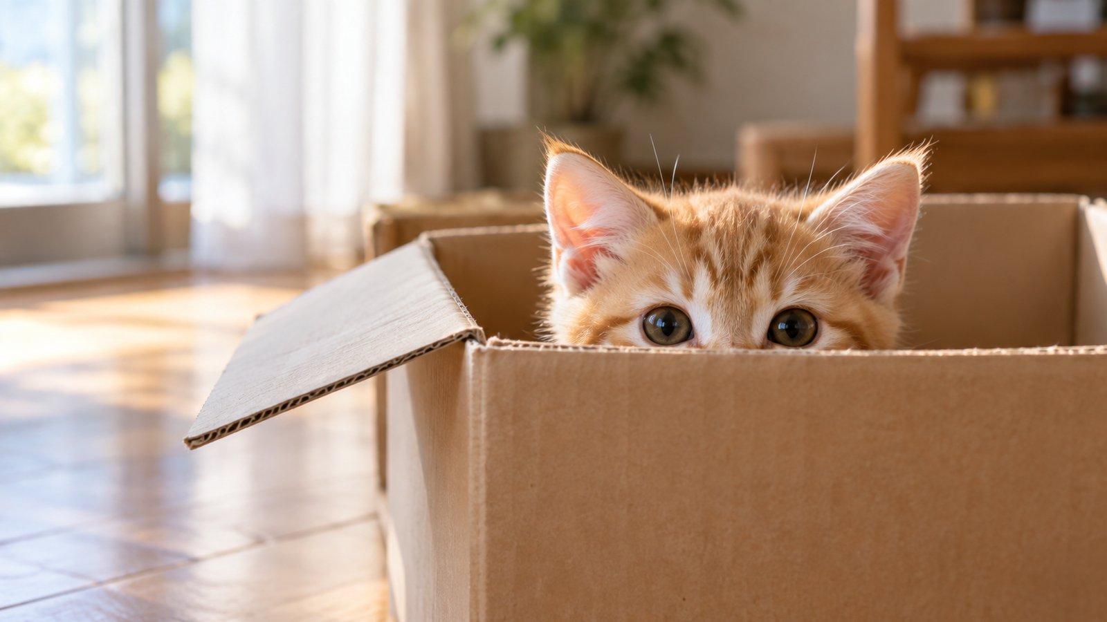 段ボール箱のふちから目と耳だけを出して、こちらをじっと見ている茶トラの子猫