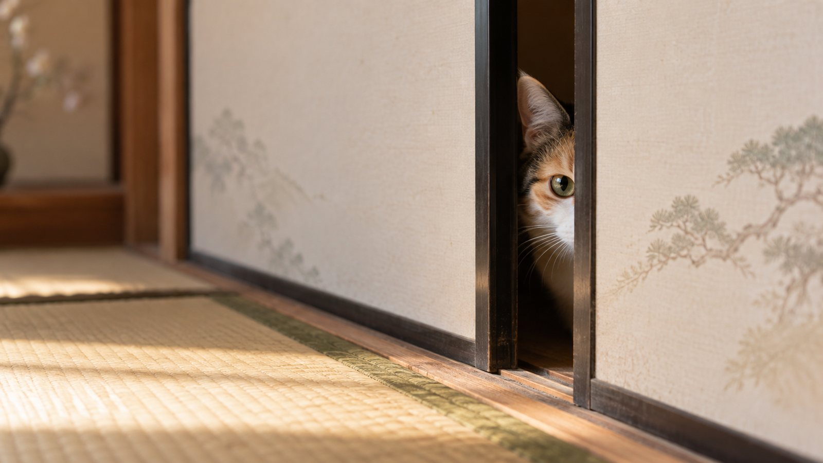 ふすまのすき間から片目と耳だけを出して、こちらをのぞいている三毛猫