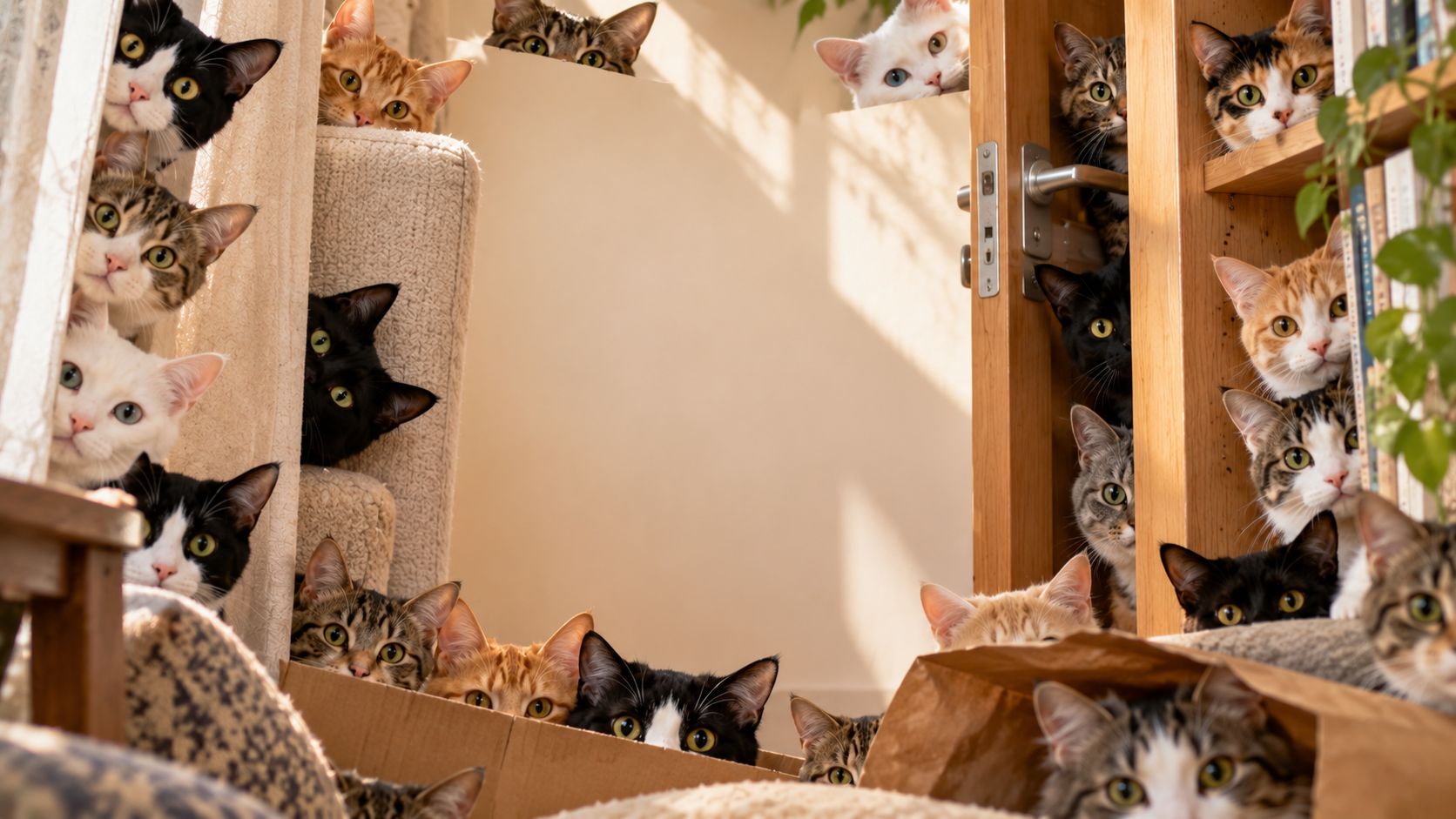 すき間からこちらをのぞく、たくさんの猫